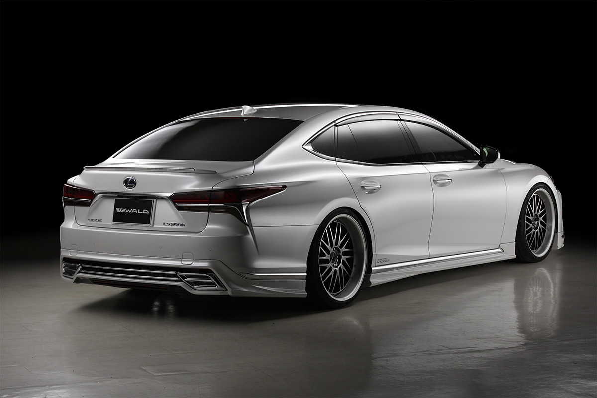 WALD Lexus LS500h Hybrid rear three-quarter studio view with WALD rear skirt and boot spoiler