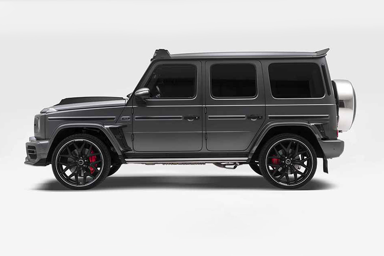 Mercedes G63 AMG W463A WALD Sports Line side profile with fender duct panels and rear roof spoiler