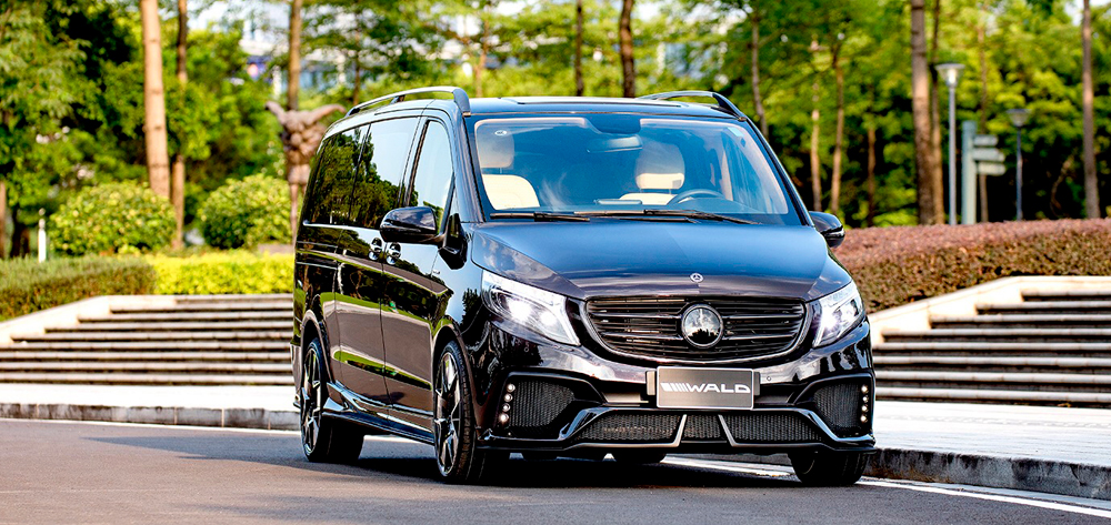 WALD Black Bison Mercedes V-Class W447 Long front three-quarter view in daylight