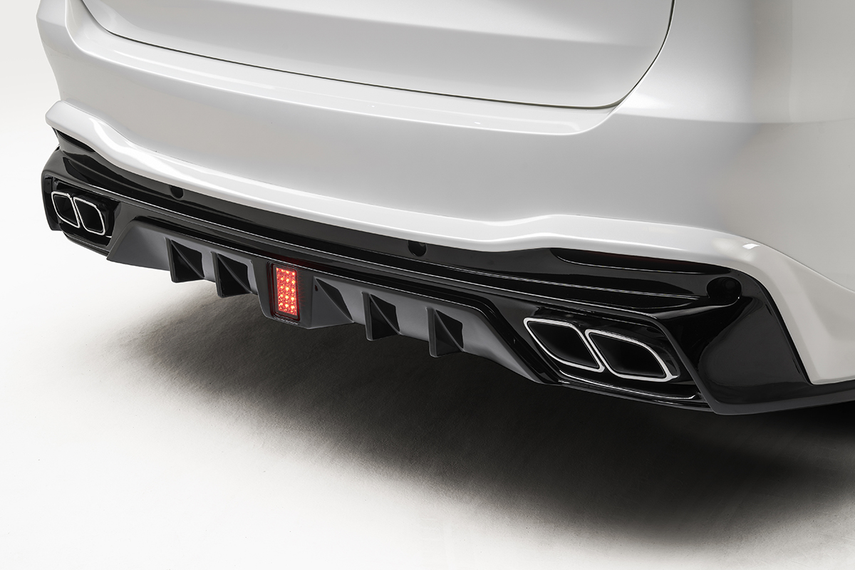 WALD Black Bison GLS X167 rear diffuser detail with LED brake lamp and exhaust tips