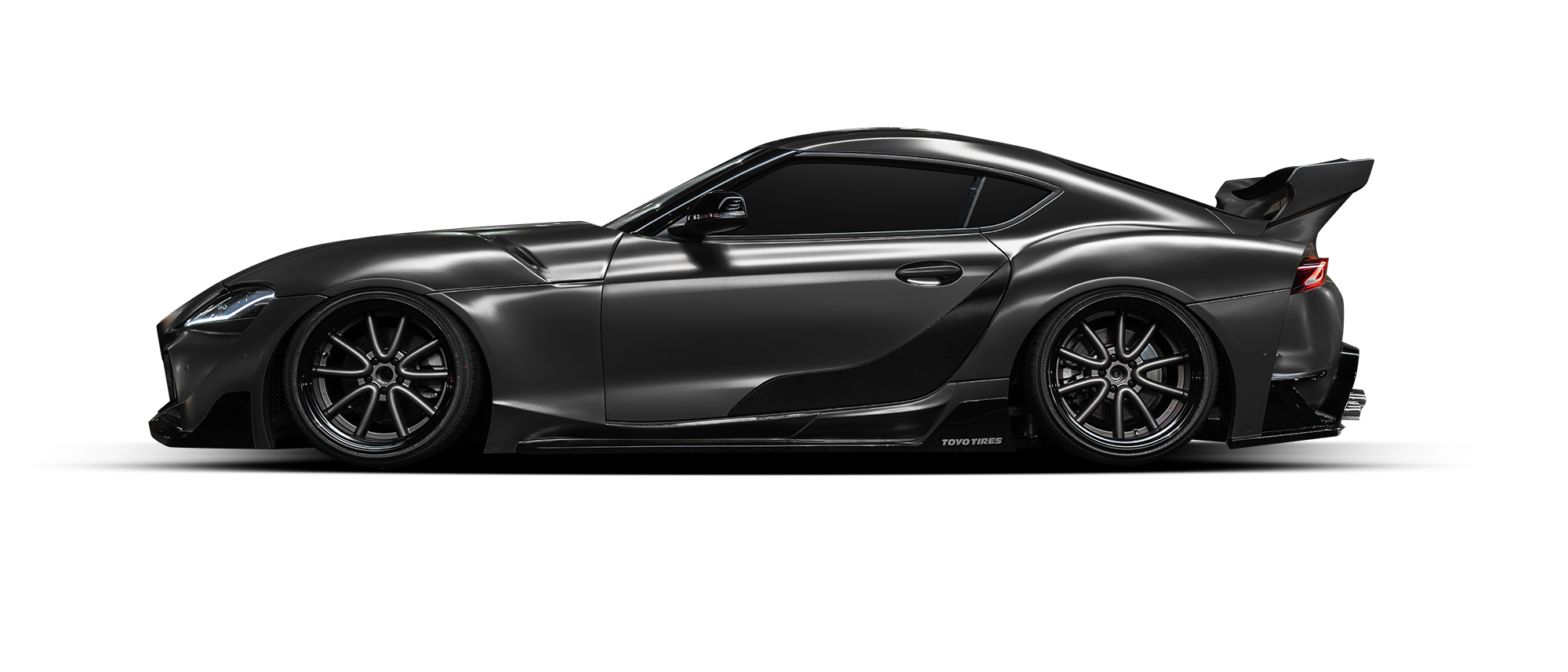 Toyota GR Supra side profile on WALD Octopus Racing wheels