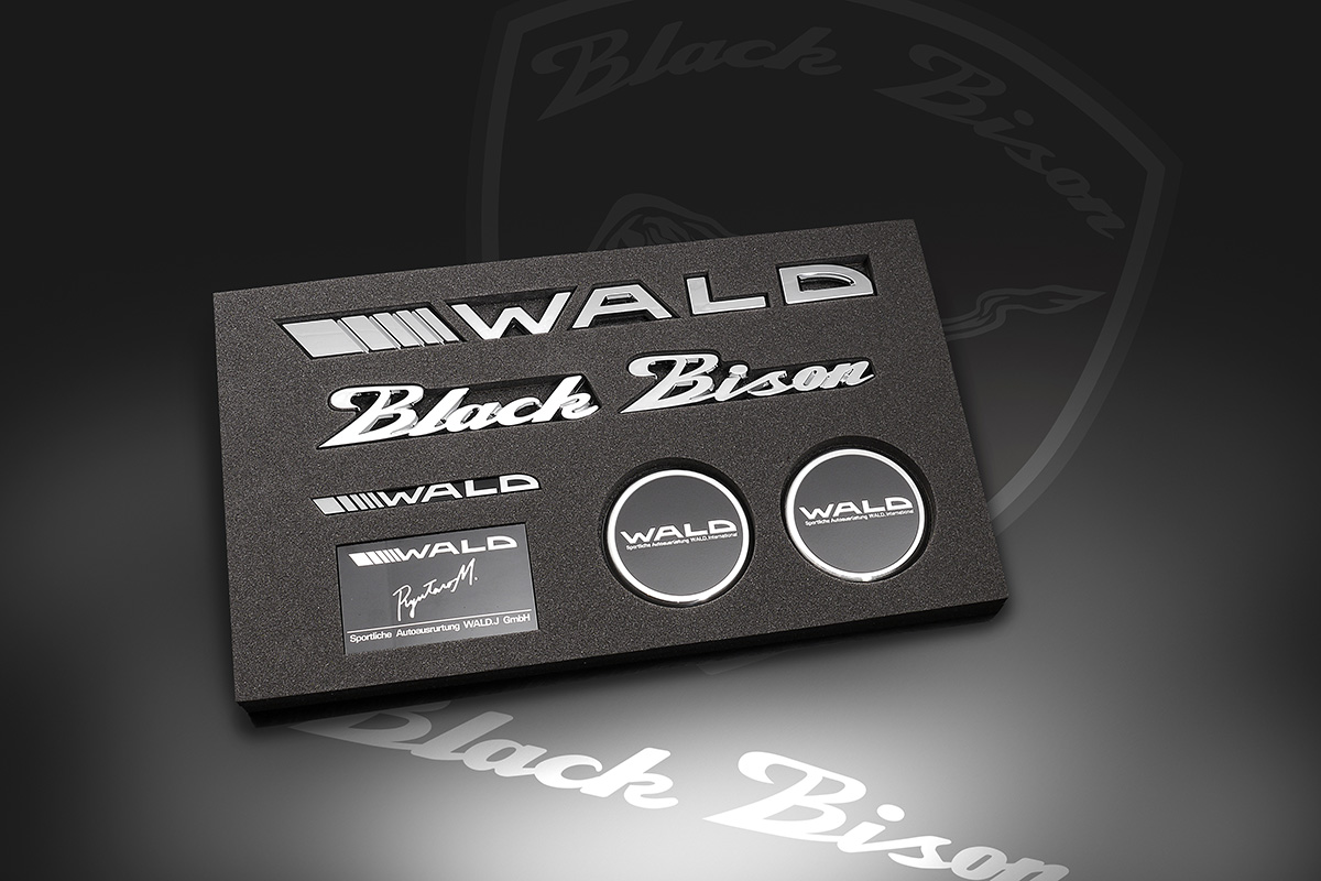 WALD Black Bison Emblem Set 1 presented in a black display tray with WALD lettering, Black Bison script and Type A hood badges