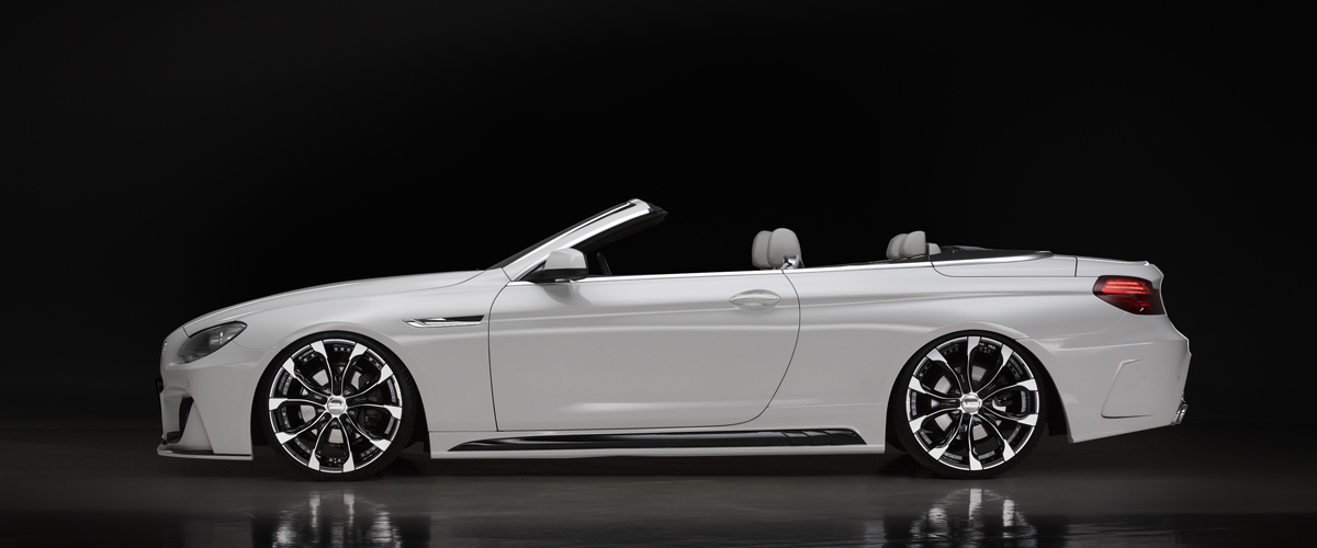 WALD BMW 6 Series F12 Cabriolet side profile showing WALD Black Bison side skirts and lowered stance