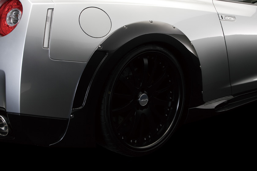 WALD GT-R R35 wide arch package detail — rear over-fender with black WALD wheel