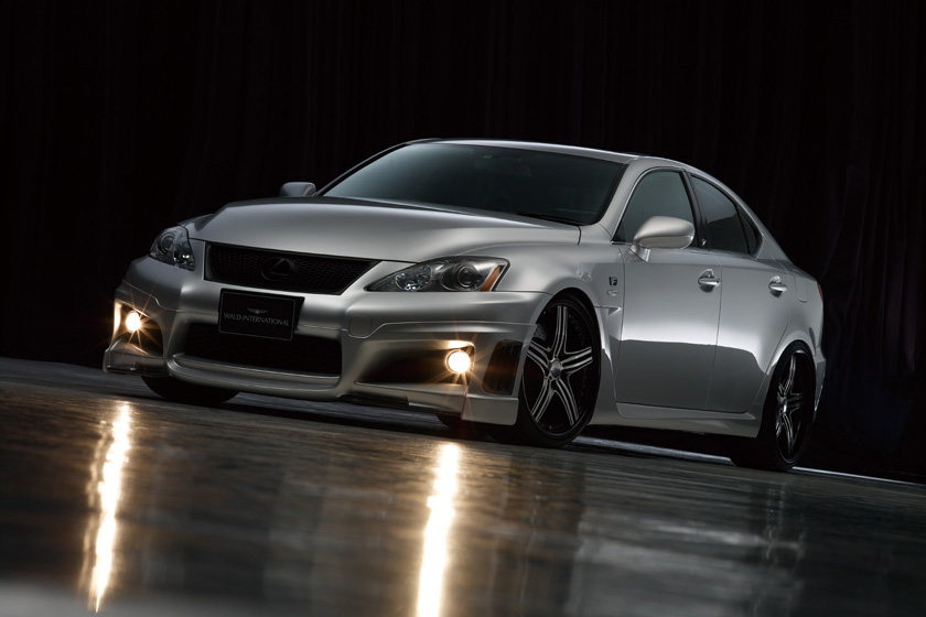 WALD Black Bison Lexus IS-F USE20 body kit — silver IS-F front three-quarter view with lights on