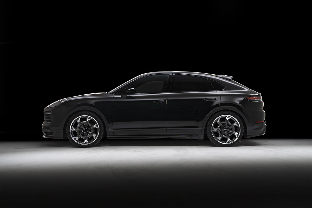 WALD Porsche Cayenne Coupe side skirts — black Cayenne Coupe 9YA side profile with WALD Black Bison side skirts