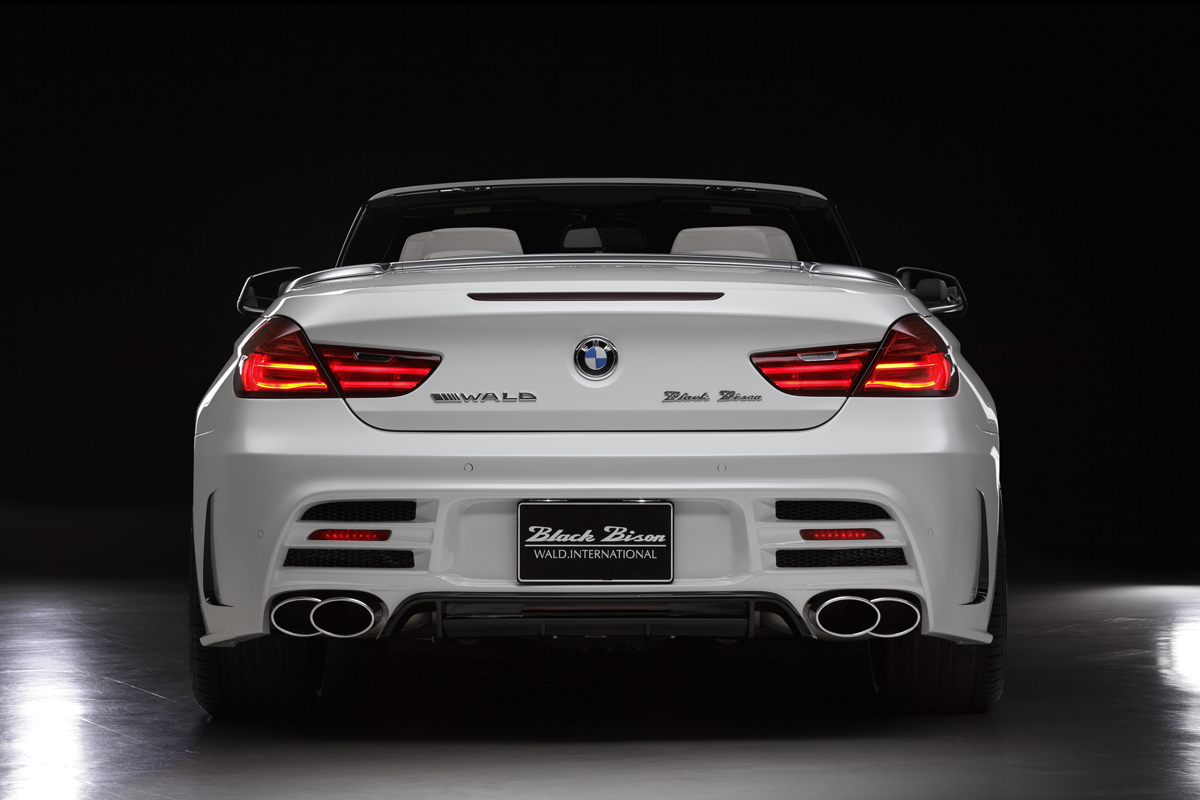 WALD BMW 6 Series F12 direct rear view with twin 240 stainless steel exhaust tips and LED reflectors