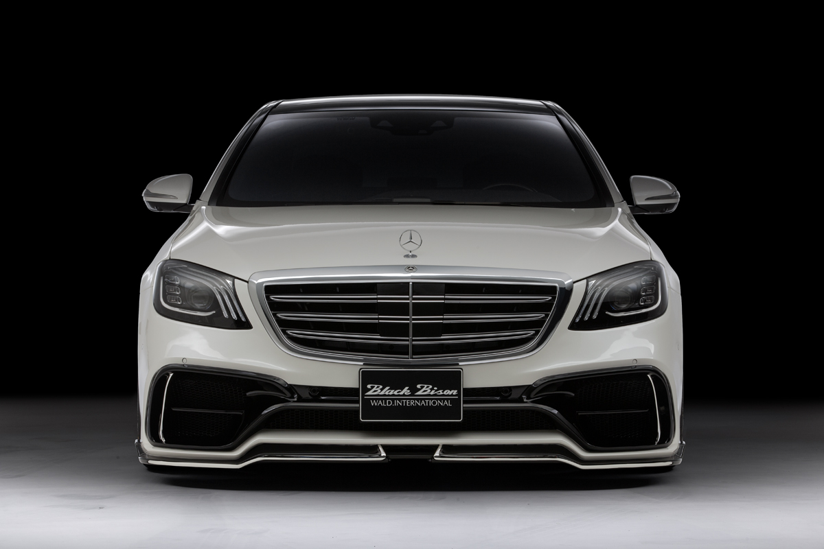 WALD Black Bison Mercedes-Benz S-Class W222 front bumper spoiler — head-on view with Black Bison plate