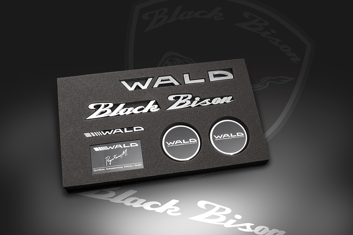 WALD Black Bison Emblem Set 3 in a presentation tray with WALD lettering, Black Bison script and Type A hood badges