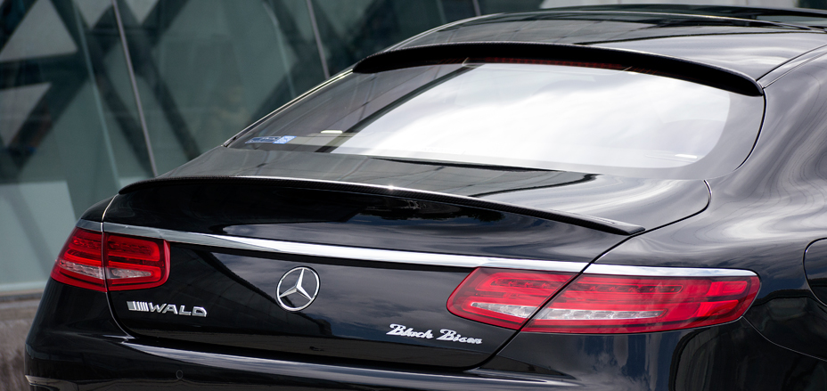 WALD Mercedes S-Class Coupe C217 boot spoiler detail on black coupe