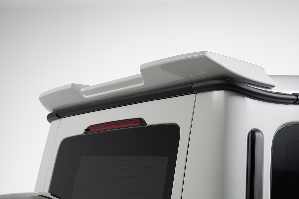 WALD Mercedes G-Class W463A Sports Line rear roof spoiler detail — ABS rear roof spoiler on white G-Class