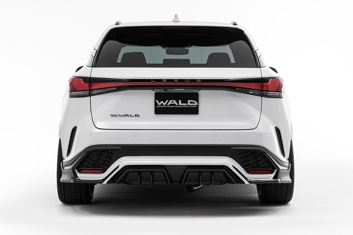 WALD Lexus RX rear view — white Lexus RX500h with WALD rear skirt and diffuser detail