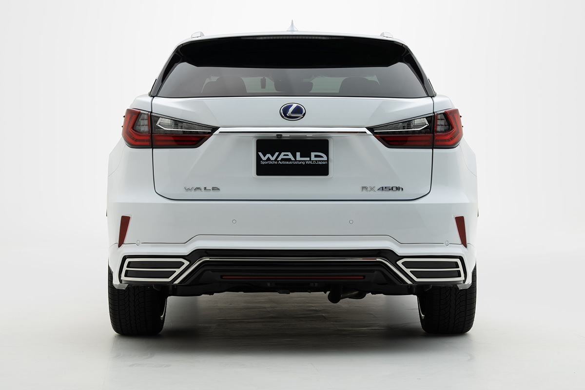 WALD Lexus RX450h rear view — WALD rear skirt with LED lamp cover and stainless steel trim