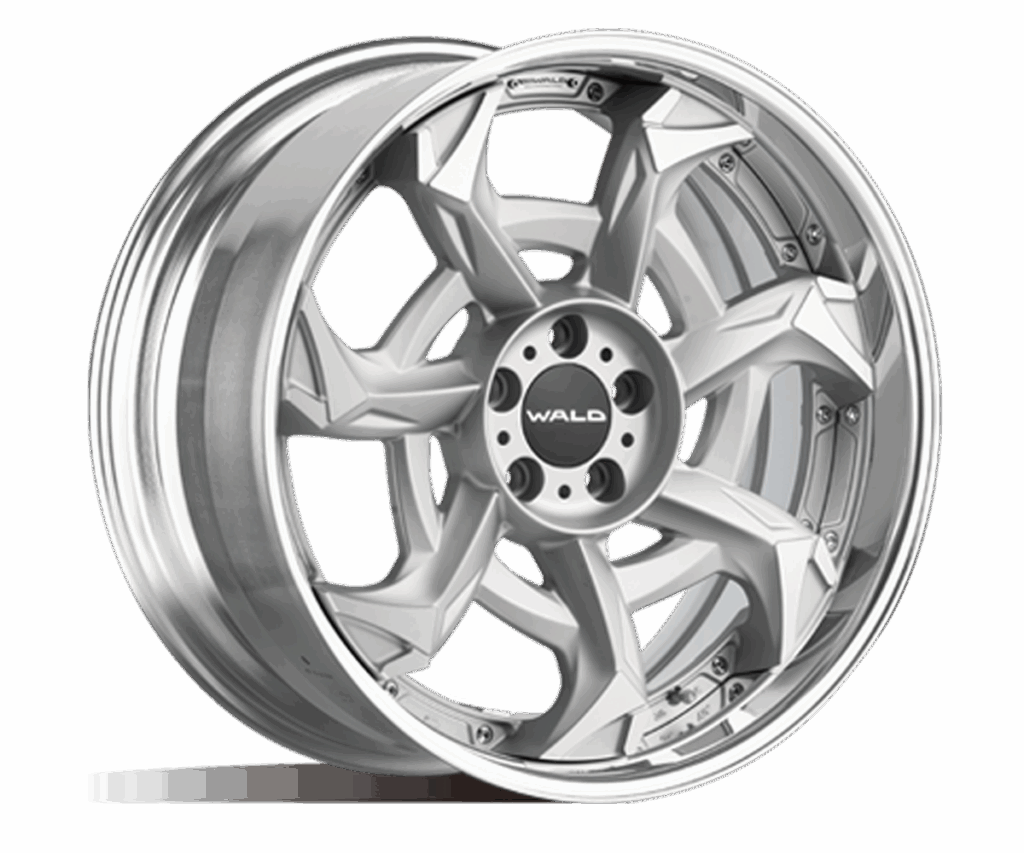 WALD Vorsalino V12C wheel in Titanium Silver Polish with Alumite Rim, seven-spoke multi-piece design