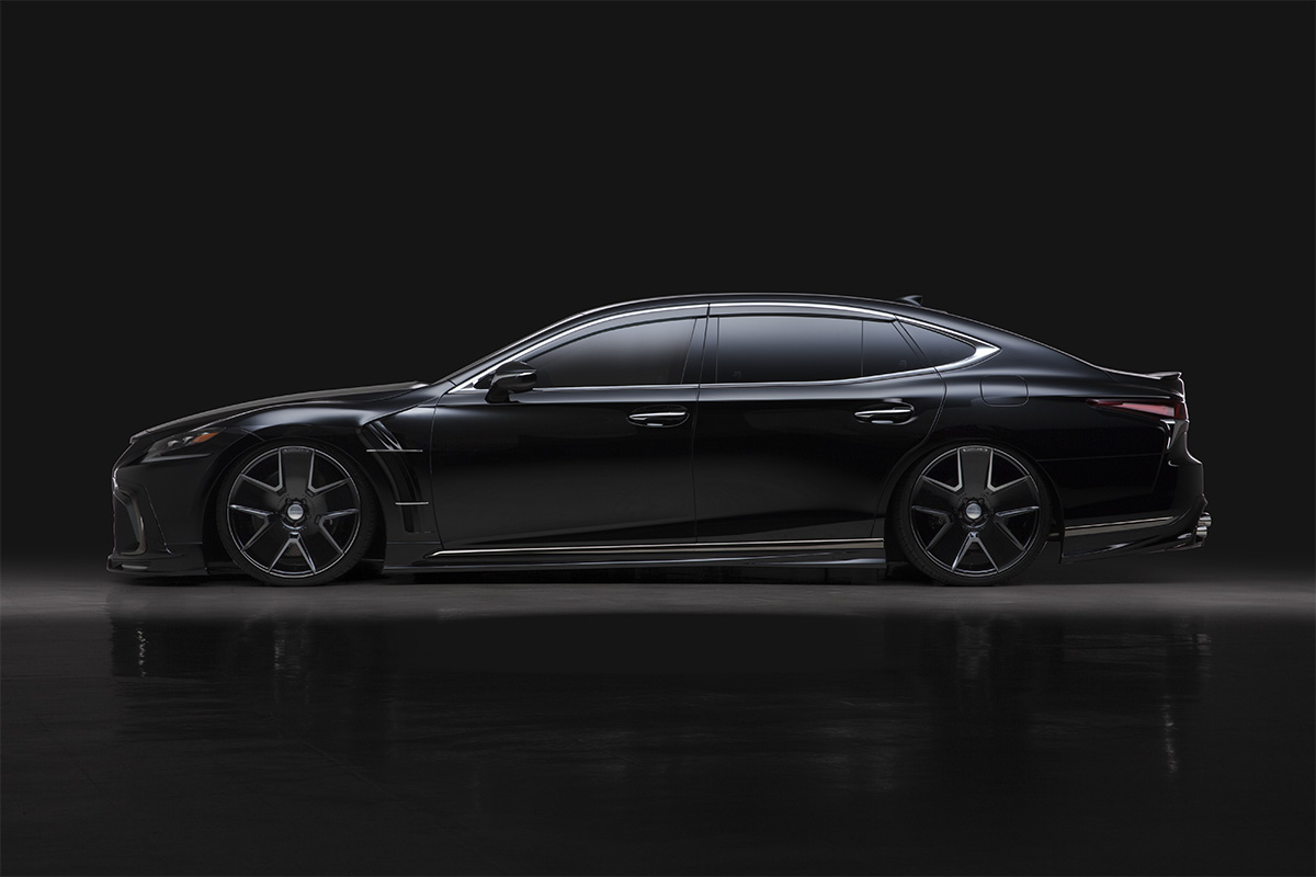WALD Lexus LS500 F SPORT side profile showing WALD side skirts and sports fender ducts