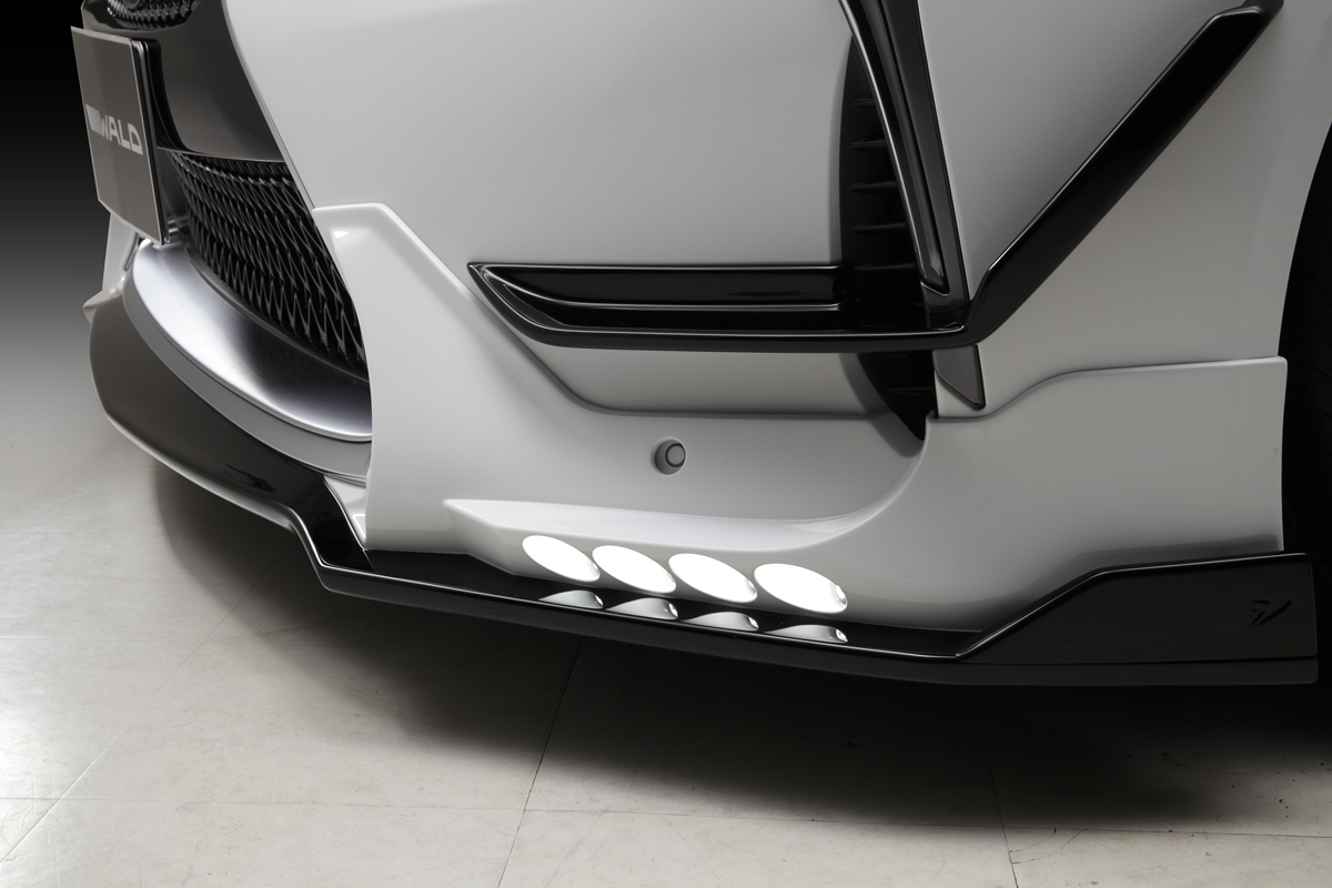 WALD Lexus LC500 front spoiler LED lamp detail — LEDSL10P lamps illuminated in the front spoiler
