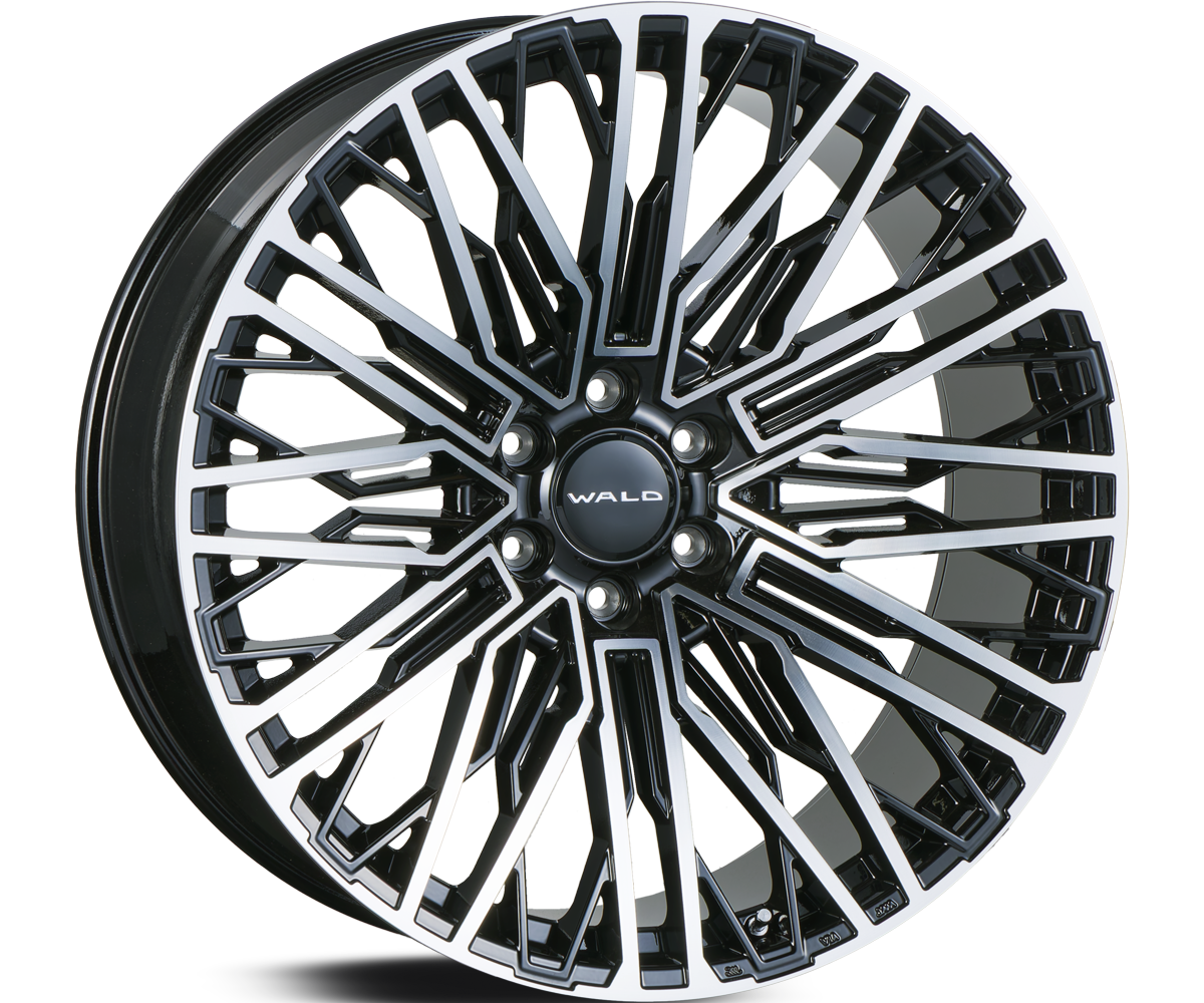 WALD Genuine Line BM001 24 inch forged wheel in Black Polish finish with geometry spoke design and WALD centre cap