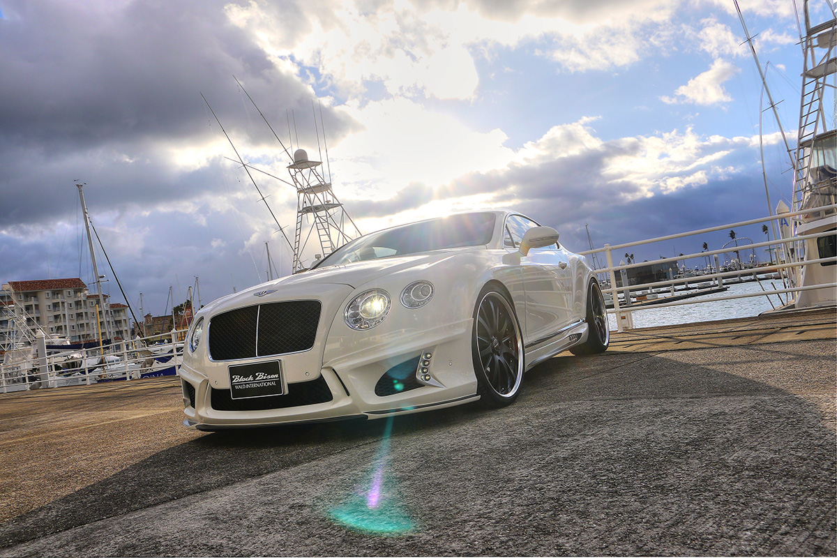 Bentley Continental GT WALD Black Bison Edition front low-angle view showing the WALD front lip spoiler and LED lamps
