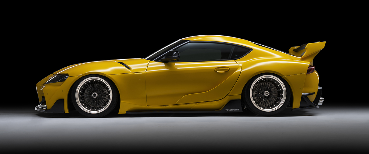 WALD Supra DB## full side profile showing side skirts, wide bonnet and front fender kit