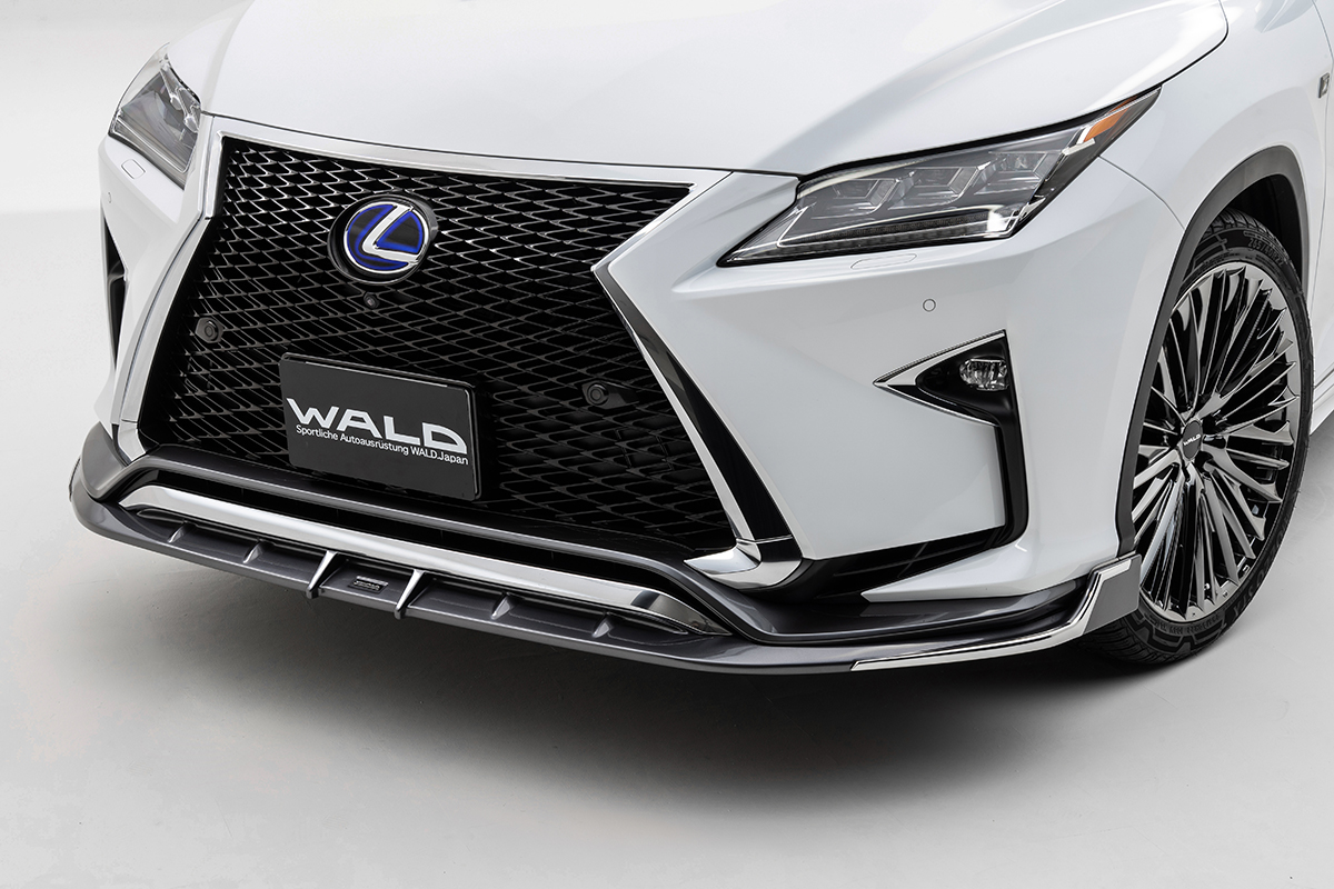 WALD Lexus RX450h front spoiler detail — ABS half type add-on spoiler with stainless steel trim