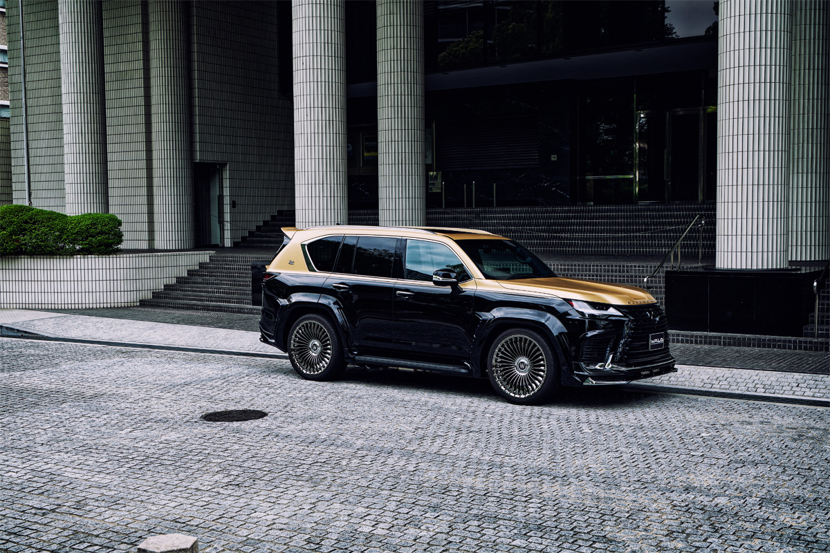 WALD Lexus LX600 Black Bison full side profile — 12-piece wide arch package, side steps and gold multi-spoke WALD wheels