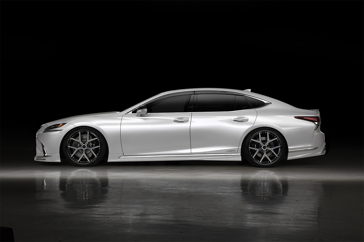 WALD Lexus LS500 Executive Version L side profile showing WALD side skirts on multi-spoke wheels