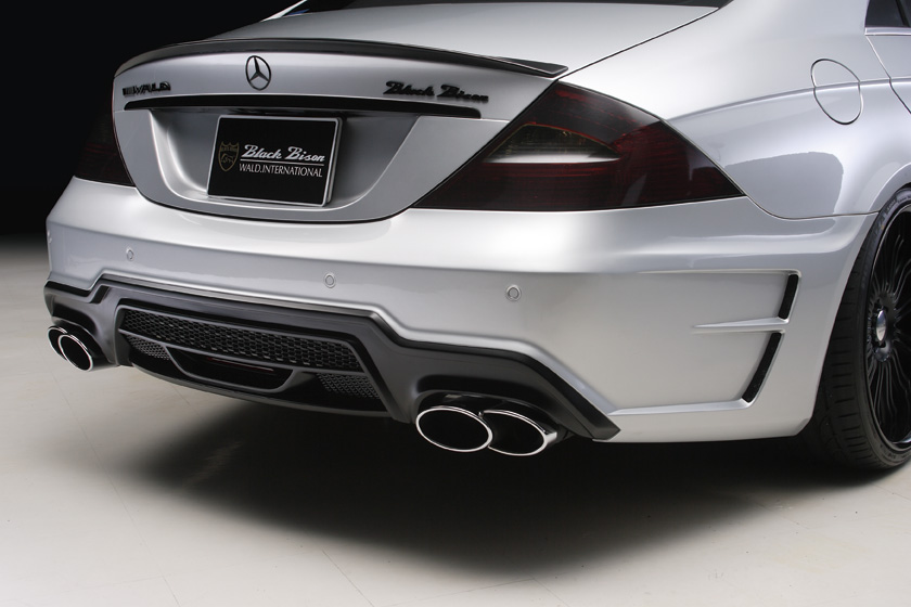 WALD Mercedes-Benz CLS C219 rear bumper spoiler detail with twin 240 mm stainless steel exhaust tips