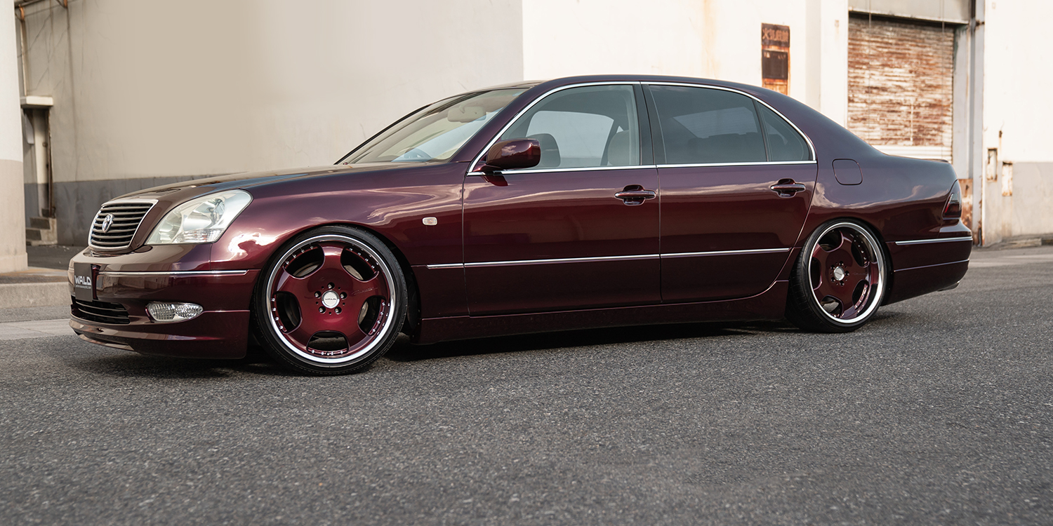 Burgundy Lexus LS430 on colour-matched WALD Duchatlet II D22C wheels with polished rims