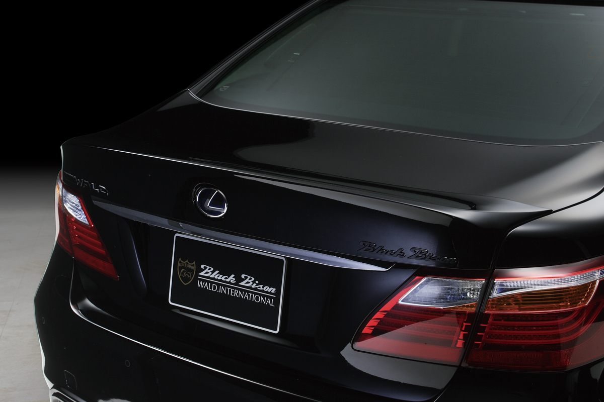 WALD Black Bison Lexus LS600h boot spoiler detail with Black Bison lettering and number plate