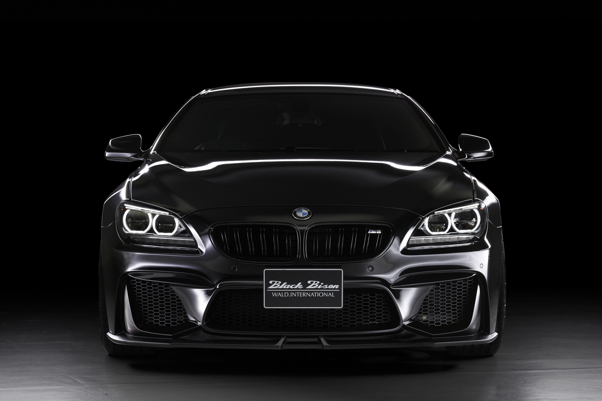 WALD BMW F06 Black Bison head-on front view showing WALD front lip spoiler, mesh grille and canards