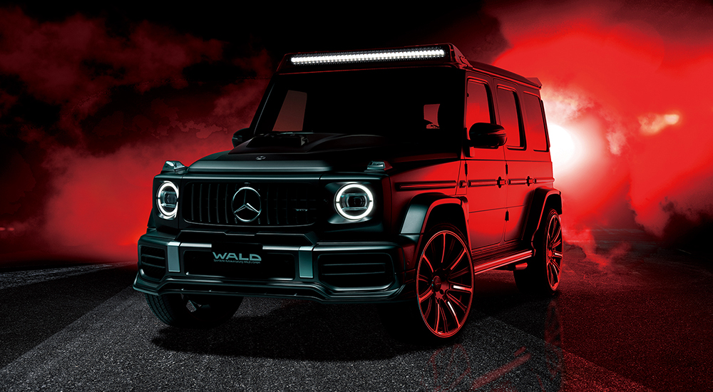WALD Sports Line Mercedes G63 W463A front three-quarter styling with illuminated front roof spoiler LED light bar