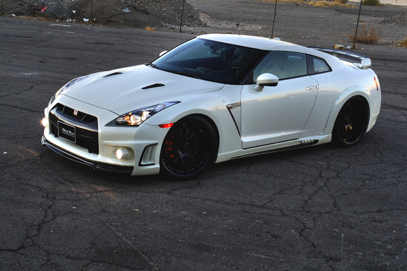 White WALD Black Bison GT-R R35 high front three-quarter view with rear wing flap