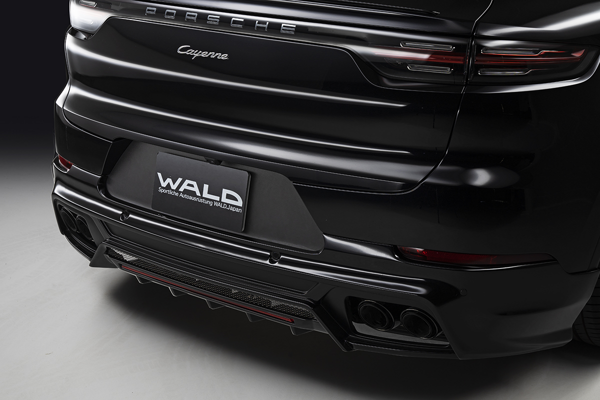 WALD Porsche Cayenne Coupe rear detail — WALD rear skirt, diffuser and TWIN 240 stainless exhaust tips