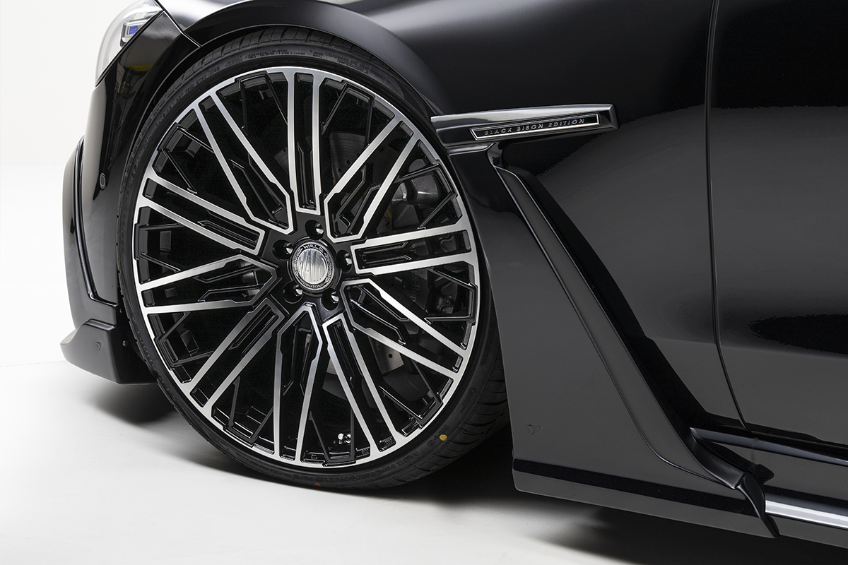 WALD Black Bison W223 front fender cover and wheel detail on the Mercedes S-Class