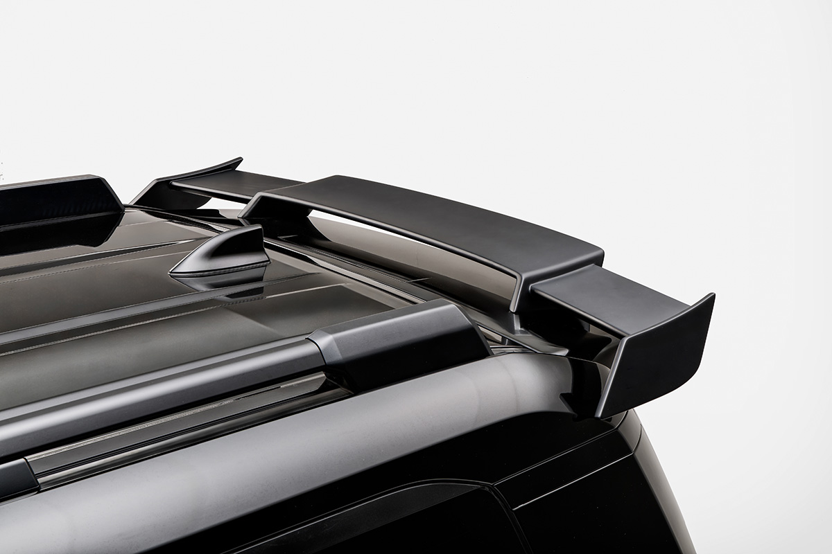 WALD Black Bison Land Cruiser 250 Prado roof spoiler detail with side fins and shark fin antenna