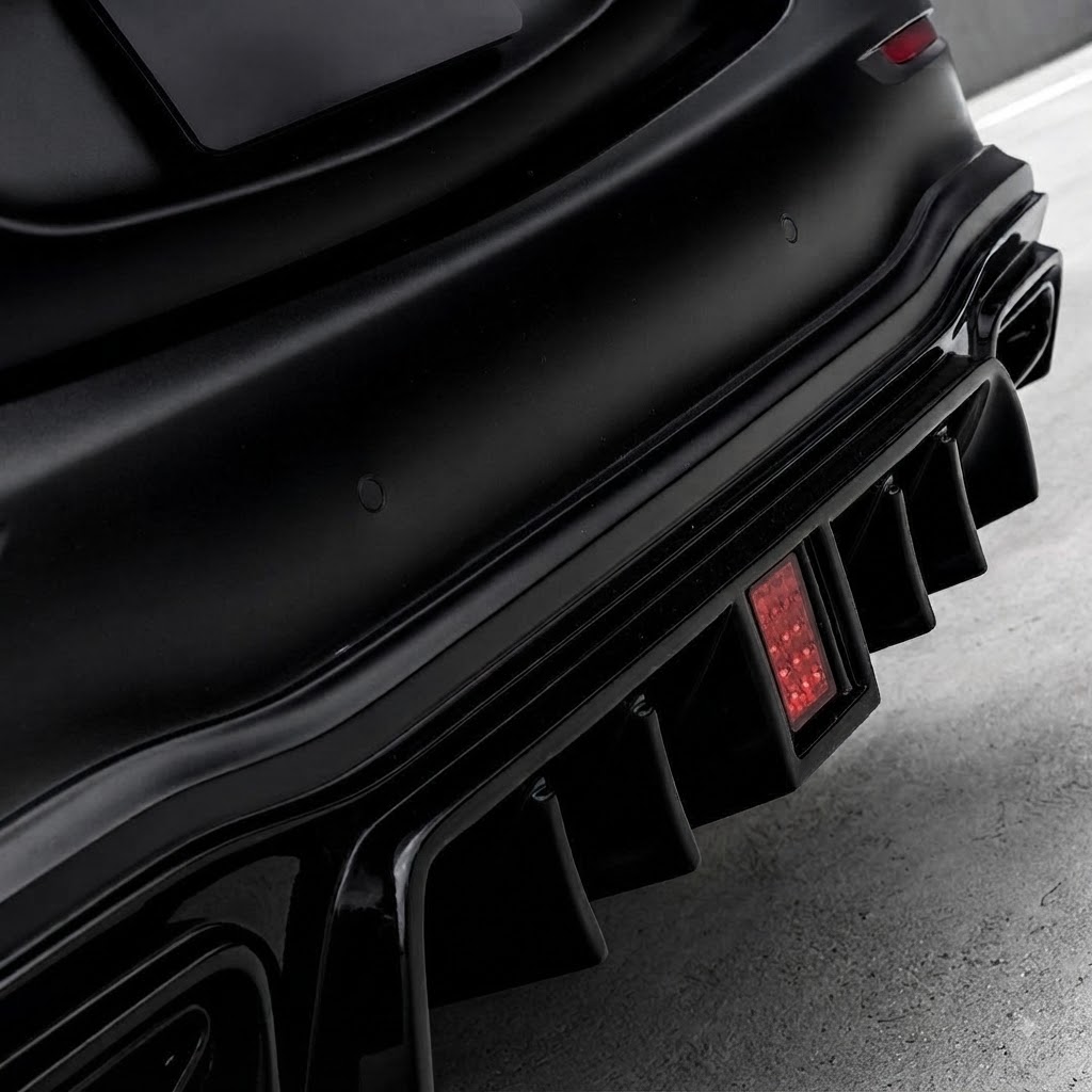 WALD rear spoiler and diffuser detail — close view of a gloss black WALD aerodynamic rear body kit component