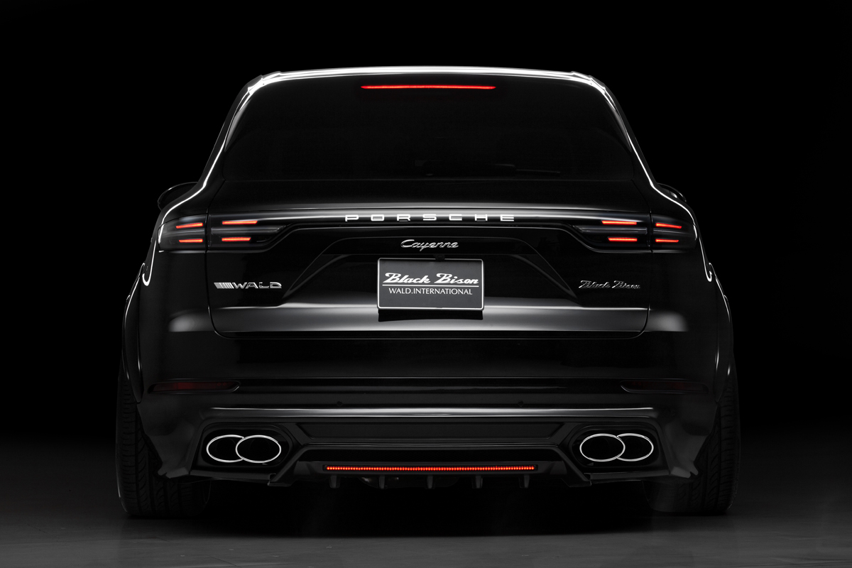 WALD Porsche Cayenne 9YA rear view — complete Black Bison Edition rear skirt, diffuser and exhaust tips