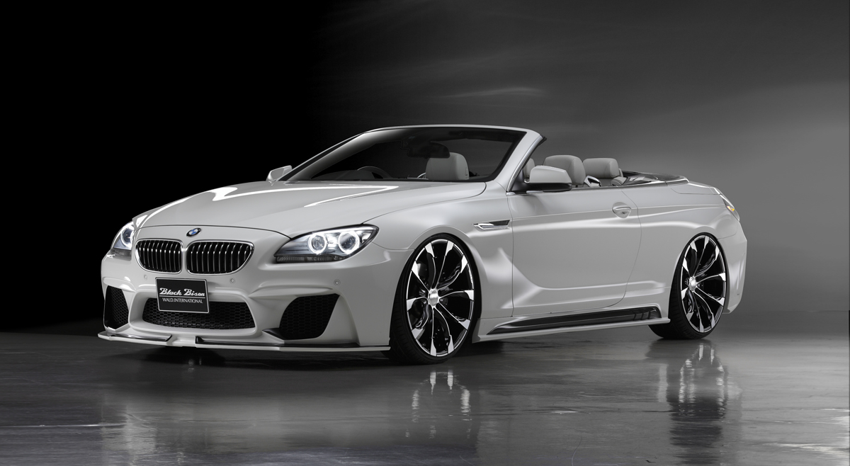 WALD BMW 6 Series F12 Cabriolet Black Bison body kit 2011–2019 — white BMW 6 Series with WALD front lip spoiler, front three-quarter studio view