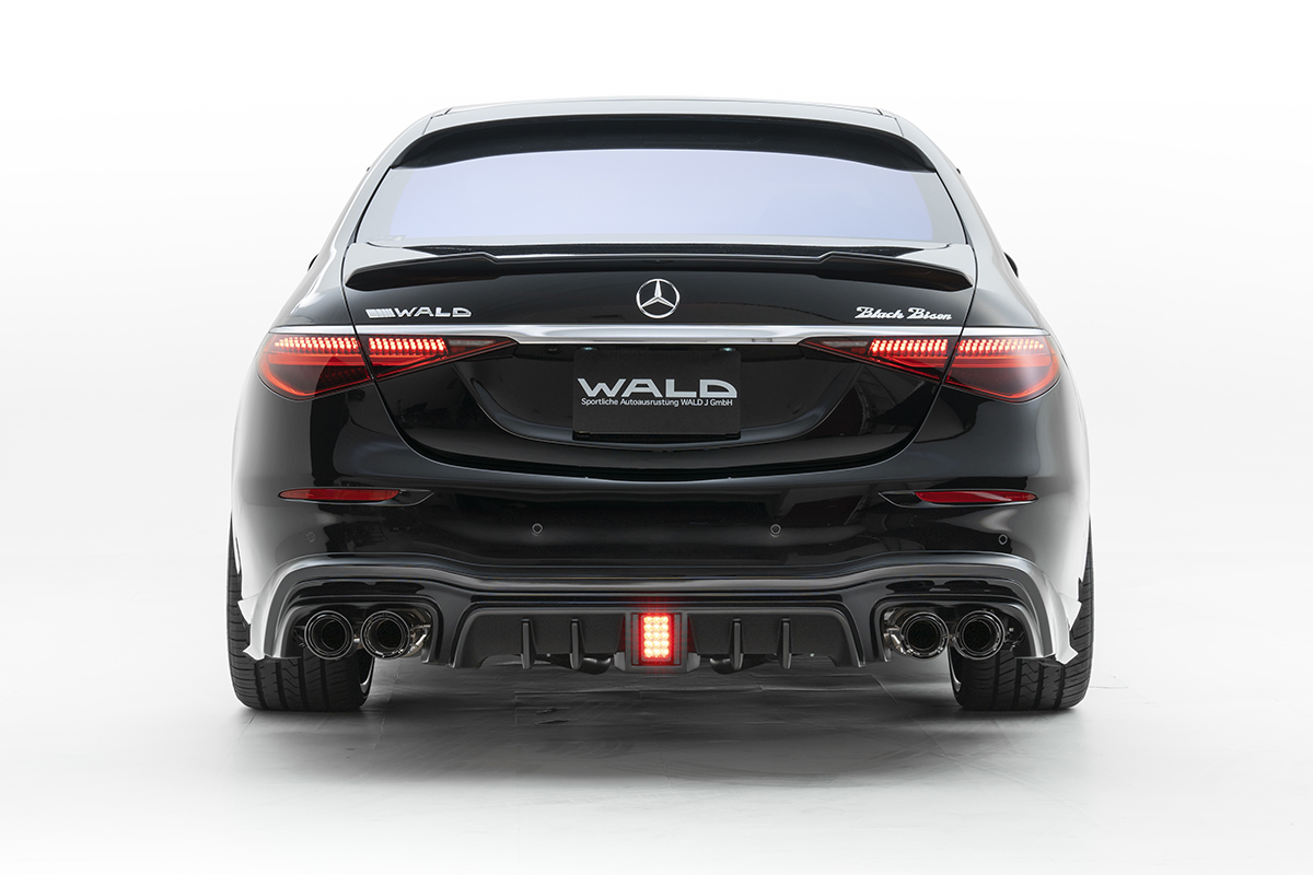 Mercedes S-Class W223 body kit — rear view with WALD rear skirt, LED lamp and quad exhaust tips