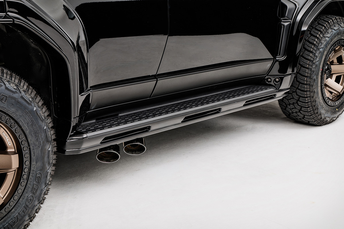 WALD Black Bison Land Cruiser 250 Prado side skirt, side step and stainless side exit exhaust tips