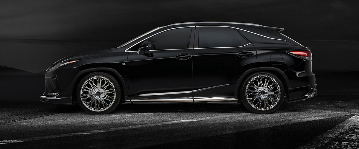 WALD Lexus RX300 AGL20W side profile — black Lexus RX300 F SPORT with WALD side skirts and stainless steel trim