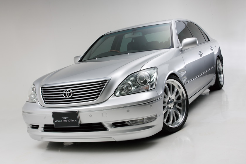 WALD Executive Line Toyota Celsior UCF30/31 — silver Celsior front three-quarter studio view with WALD front spoiler
