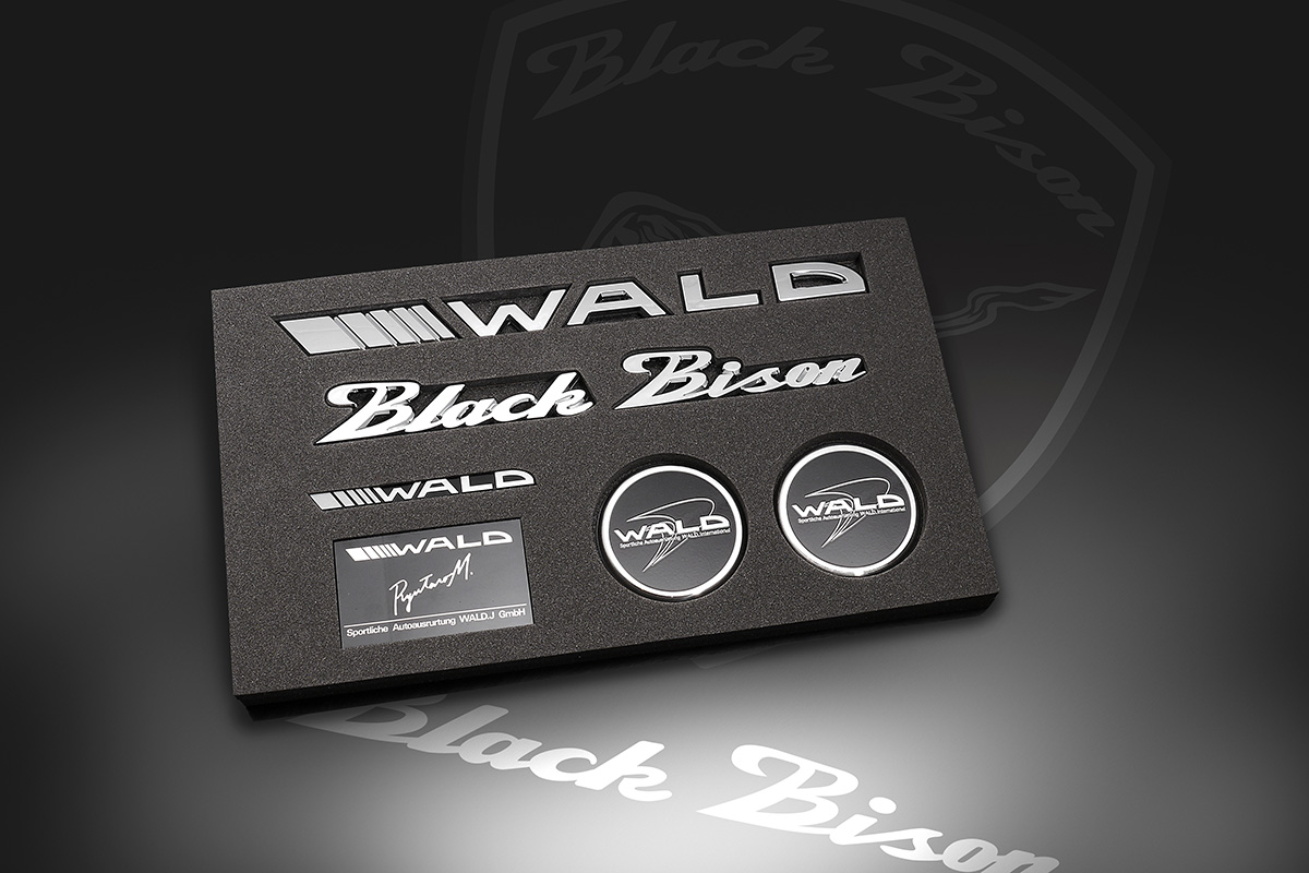 WALD Black Bison Emblem Set 2 in a presentation tray with WALD lettering, Black Bison script and Type B hood badges