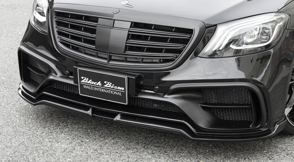 WALD Mercedes-Benz S-Class W222 front bumper spoiler detail with Black Bison number plate and mesh grille