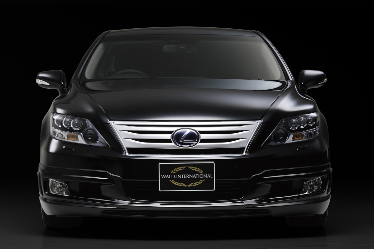 WALD Executive Line Lexus LS600h head-on front studio view in black with WALD ABS front spoiler