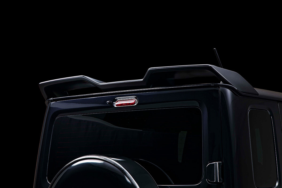WALD Black Bison Edition Suzuki Jimny Nomade JC74W — rear wing fitted above the tailgate with spare tyre cover below