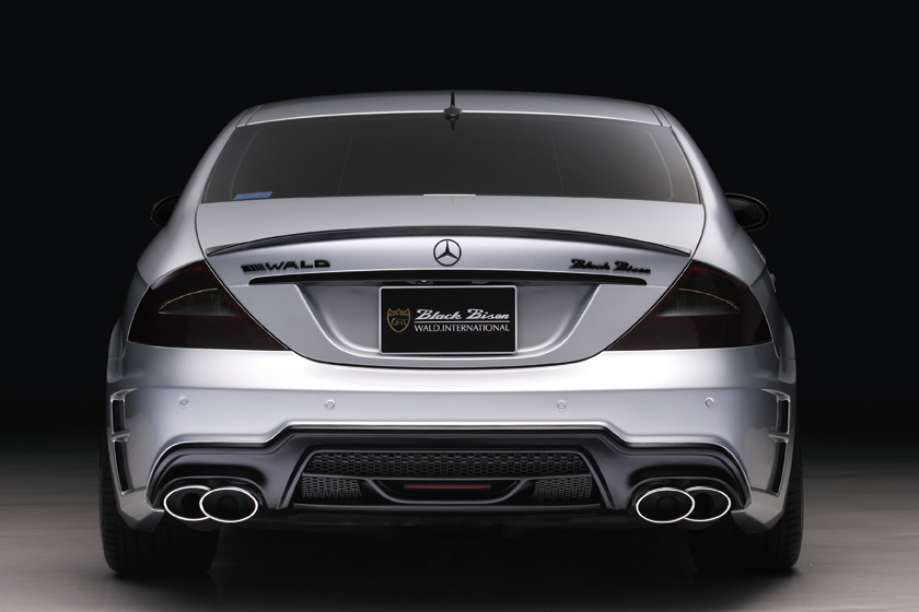 WALD Black Bison Mercedes-Benz CLS C219 rear view with rear bumper spoiler and stainless steel quad exhaust tips