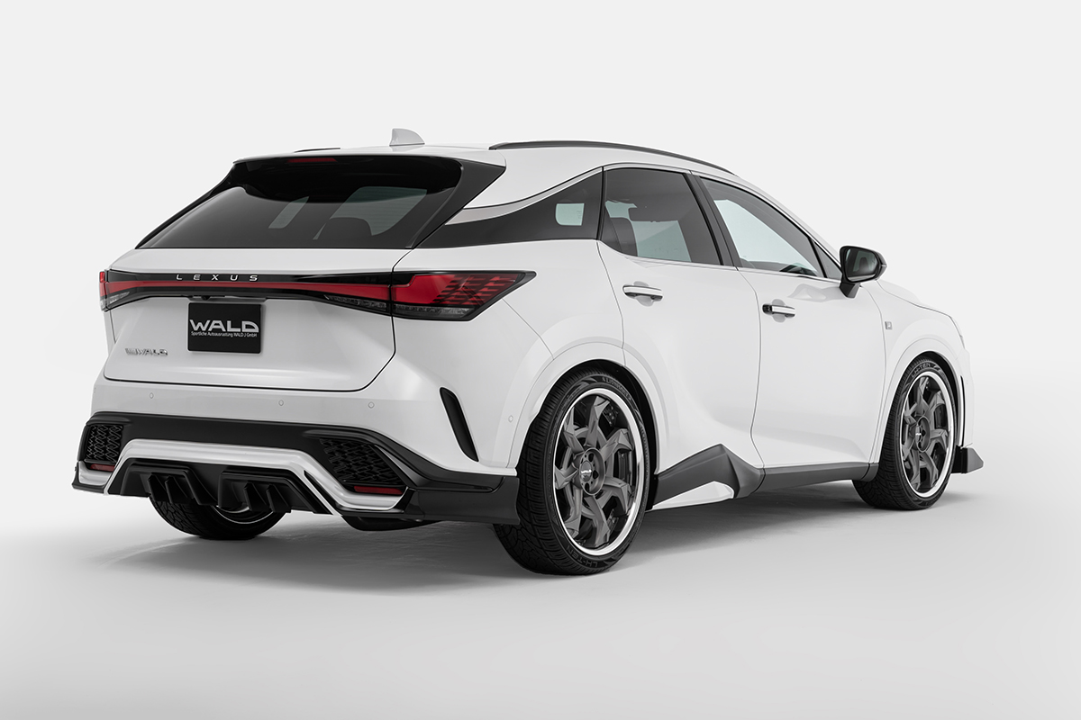 WALD Lexus RX500h rear skirt and rear door panel — white Lexus RX rear three-quarter studio view