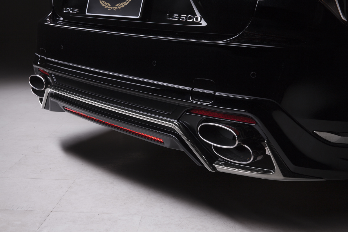 WALD Lexus LS500 rear skirt detail in black with red LED rear lamp and chrome oval exhaust finishers