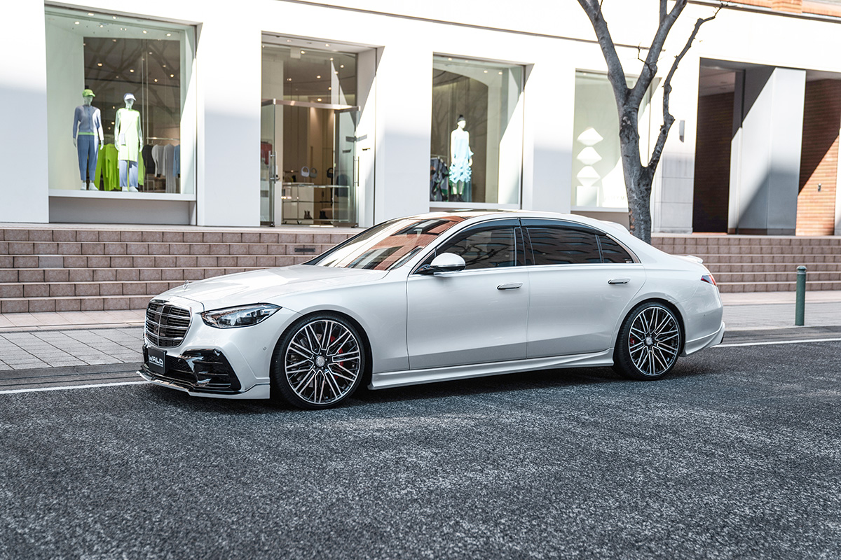 White Mercedes-Benz S-Class W223 with WALD Black Bison front spoiler and side skirts